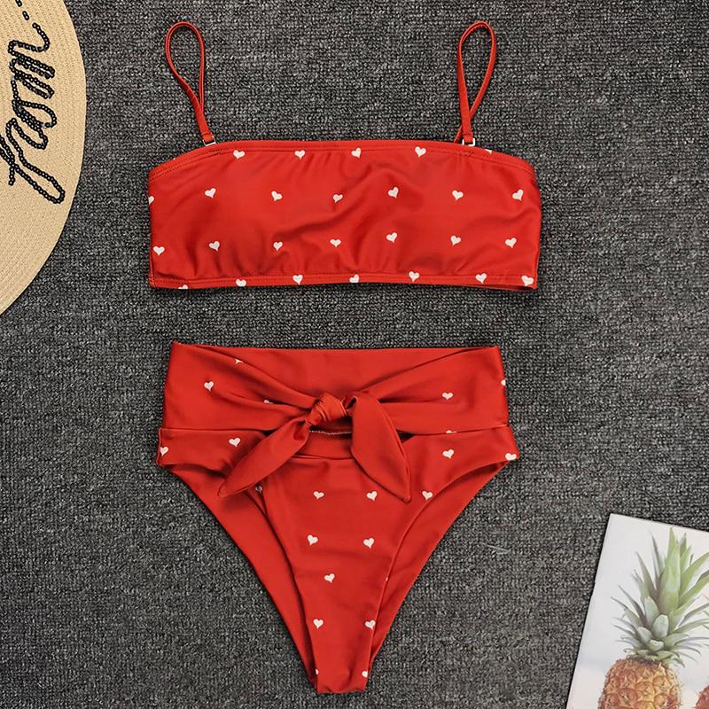 2 Piece Heart Print Bandage Swimsuit Bikini Set Push Up Swimwear High Waisted Girls Bathing Suit