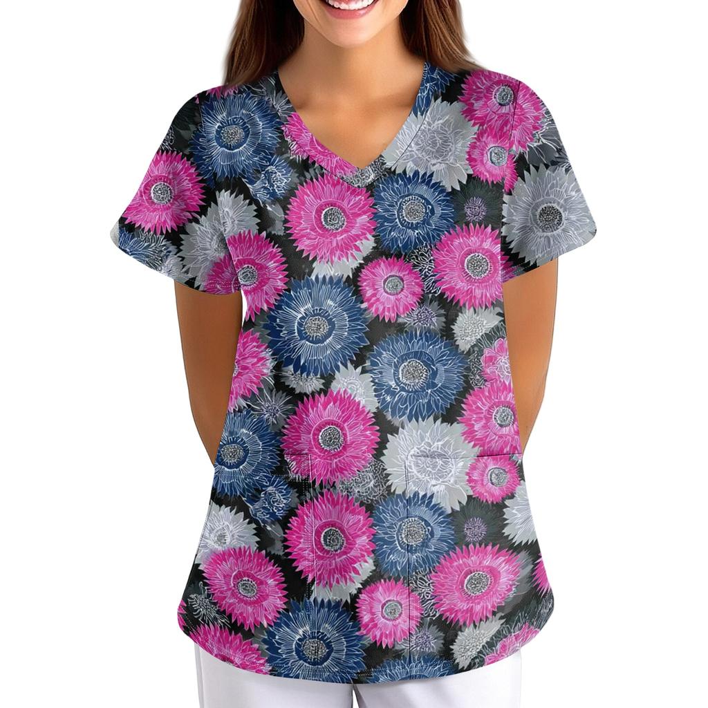 Women's V Neck Floral Print Short Sleeve Medical Scrub Top with Pocket Vintage Style Comfortable Fit Nursing Workwear