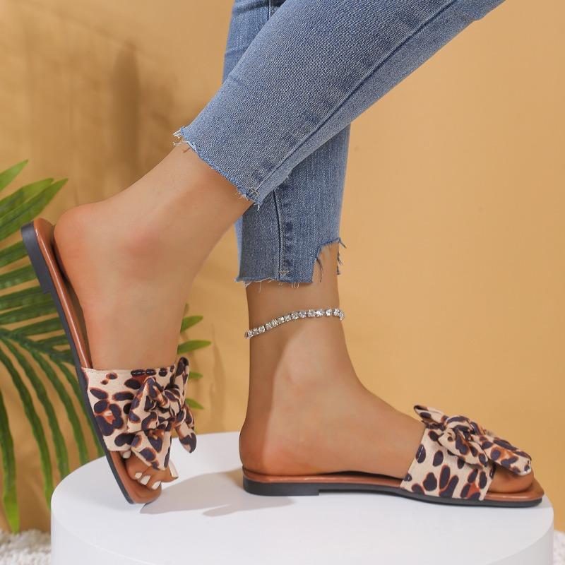 Fashion Summer New Flat Shoes Women Fashion Square Head Open Toe Cloth Butterfly Knot Soft Sole Anti-slip Wear-resistant Slippers