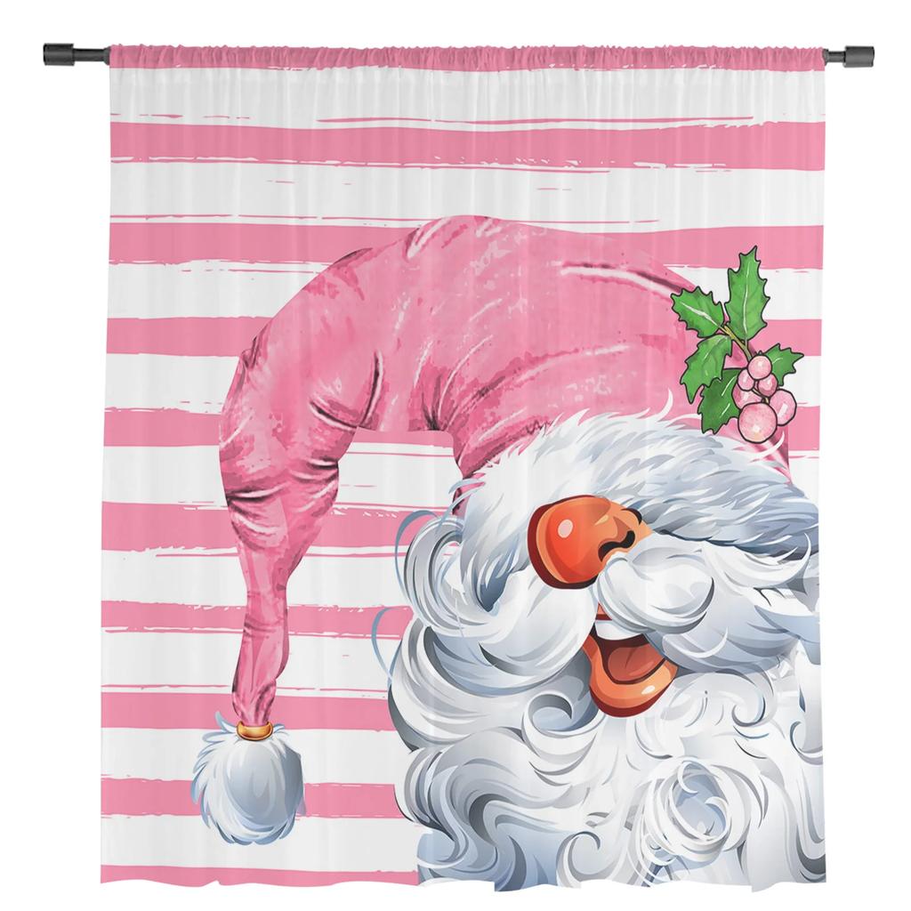 Christmas Gnomes Pink Stripes Sheer Curtains for Living Room Decoration Window Curtains Kitchen Tulle Voile Curtains
