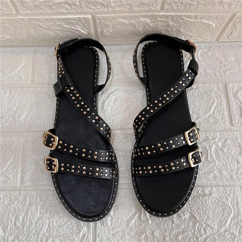 Fashion Ins style Fashion Rivet Strap Buckle Women Flats Sandals 2025 Summer Narrow band Slingbacks Beach Gladiator Sandals Casual Shoes