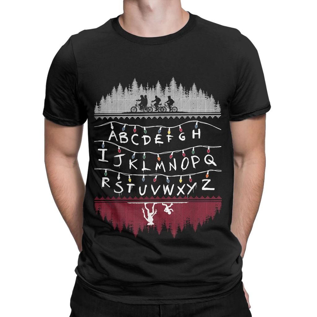 Stranger Alphabet Lights Cotton T Shirt For Men Summer Vintage T Shirts O Neck Hippie Tees Big Size Cheap Tops