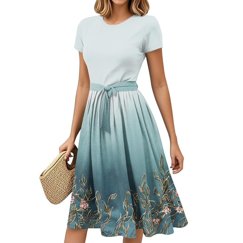 Mote Dame Casual Belte Kortermet Rund Hals Geometrisk Trykk Spleiset Elegant Temperament Kjoler