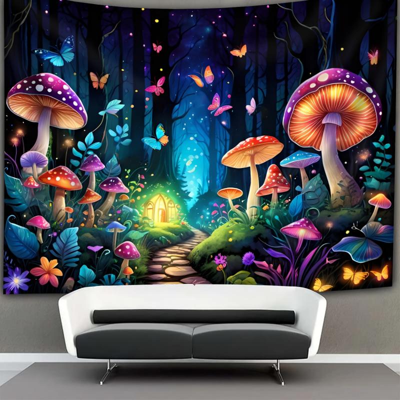 VIKAMA Fantasy Forest Mushroom Colorful Butterfly Tapestry Bedroom Bedhead Atmosphere Tapestry Bar Party Background Wall Decor