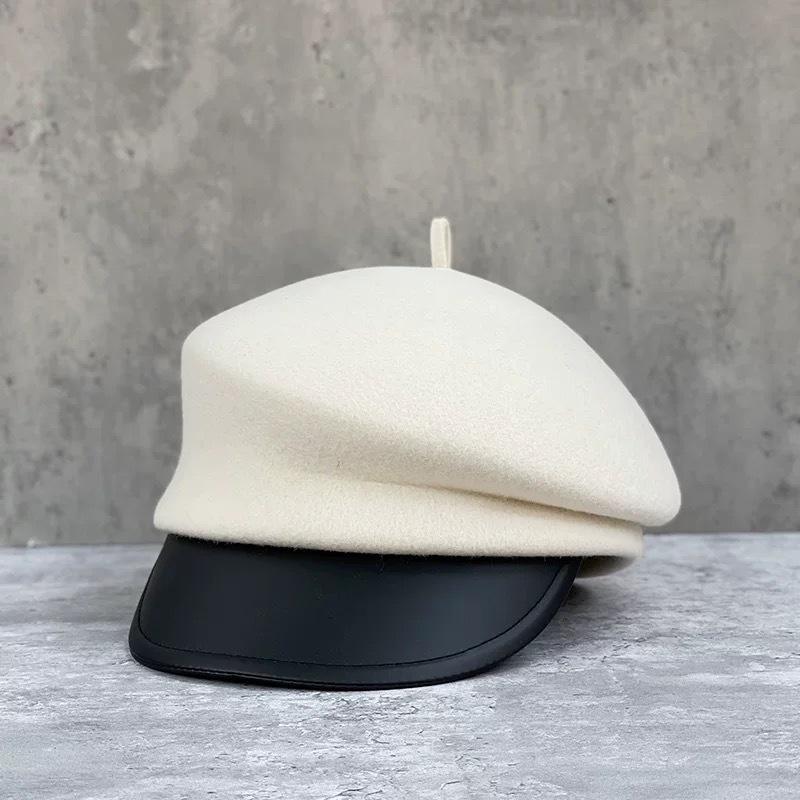 French Elegant Wool and Leather Octagonal Hat Women's Autumn and Winter Trendy Versatile Little Painter's Hat  Newsboy Hat