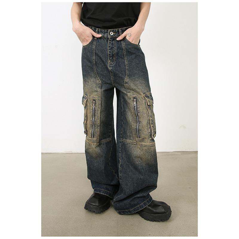 Long Trousers Versatile Washed Multi-pocket Design Sense of Work Jeans Men Senior Sense Pants