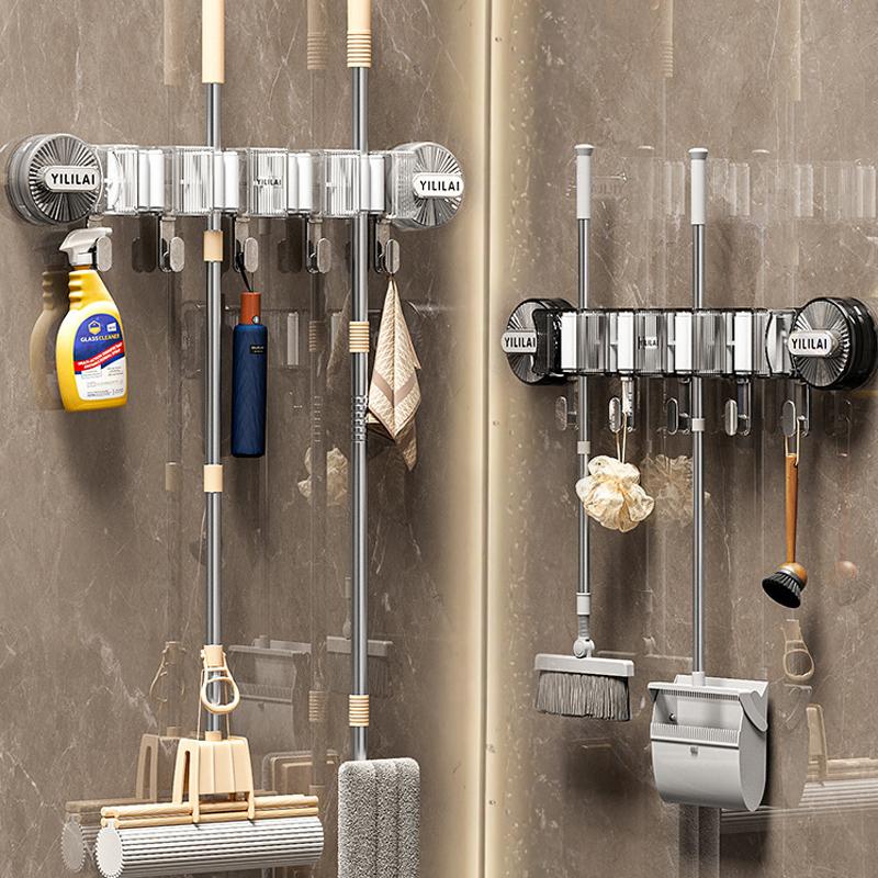 Vacuum Suction Cup Mop clip Holder with Hook Wall Kitchen Bathroom Mop Broom Brush Organizer Rack Robe Coat Towel Hanger Hook
