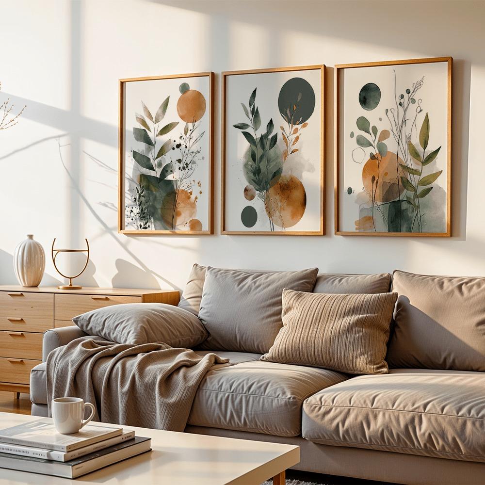 3 Pezzi Stampa Line Art Botanica Nordica Senza Cornice, Pittura su Tela Floreale Arancione e Verde Salvia, Decorazione Artistica da Parete Creativa Unica