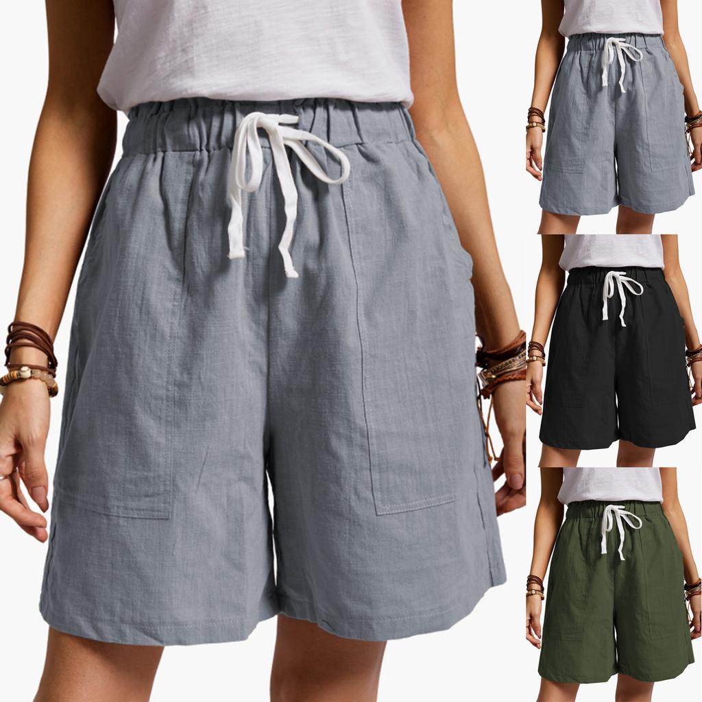 Buy Fashion Women Casual Loose Shorts Elastic Waist Summer Pockets Solid Linen Pants at