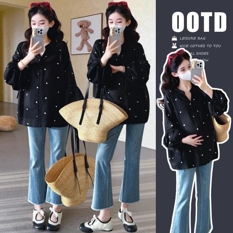 2026 Spring Korean Fashion Loose Embroidered Maternity Shirt M