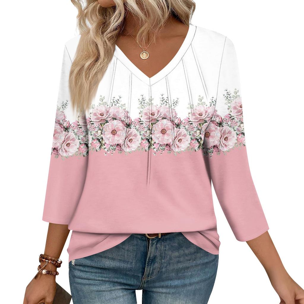 Dámské ležérní topy s výstřihem do V, pruhovaným potiskem a sedmirukávovým střihem