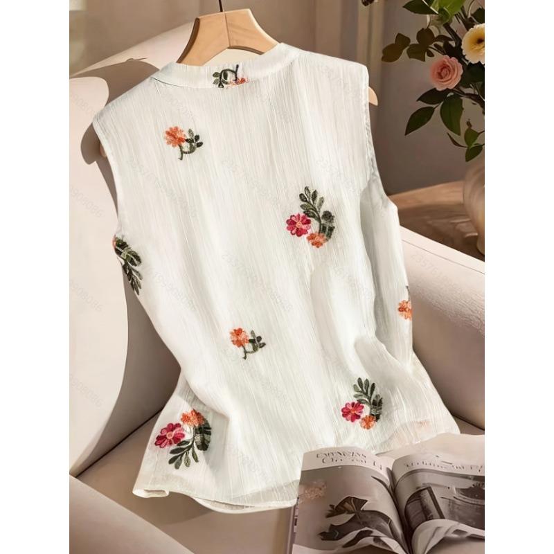 Women Summer Elegant Casual Embroidered Sleeveless Shirt For Office
