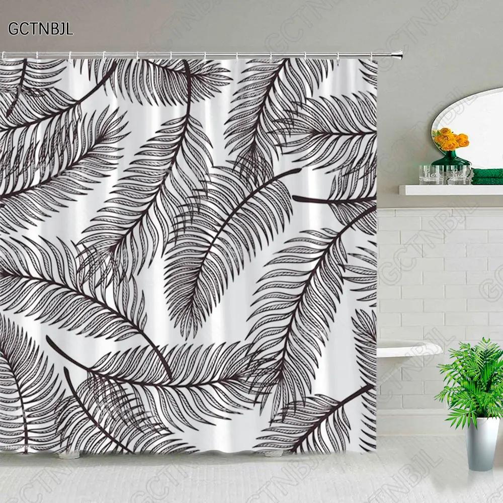 Tropical Green Plant Bathroom Shower Curtains Black Background Gold Palm Leaf Pattern Bath Curtain Waterproof Bathtub Home Decor