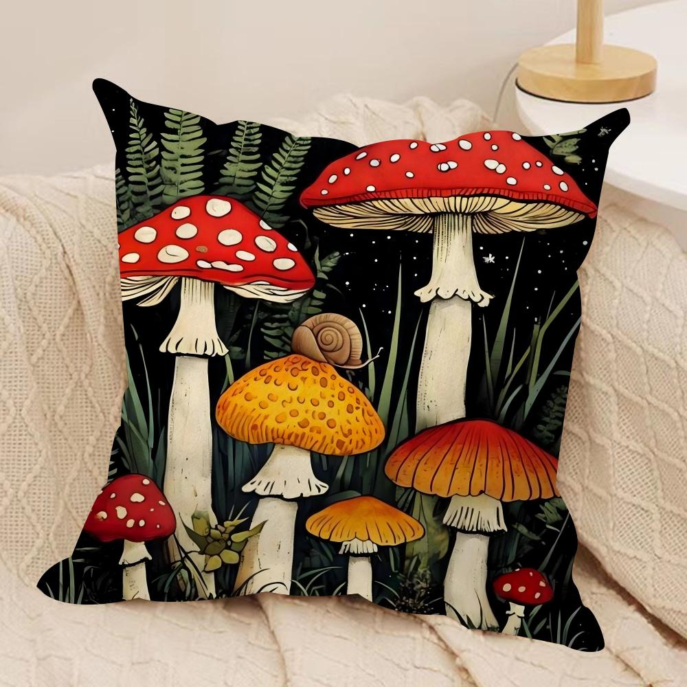 Mushroom Illustrations Cushion Cover Pillowcase Ultra Soft Skin Friendly Fabric Cloud Like Comfort  Concealed Zipper