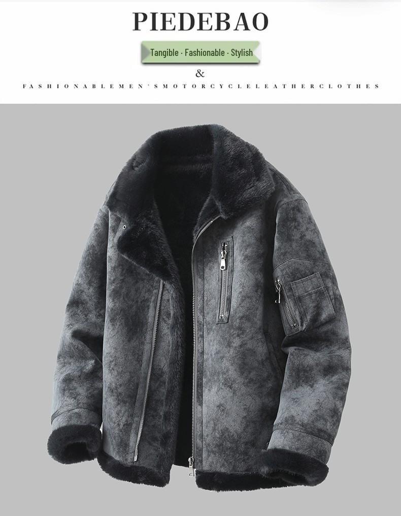 JK2035 Men's Plus Size Leather & Fur Lapel Jacket - Thickened Velvet for Autumn/Winter