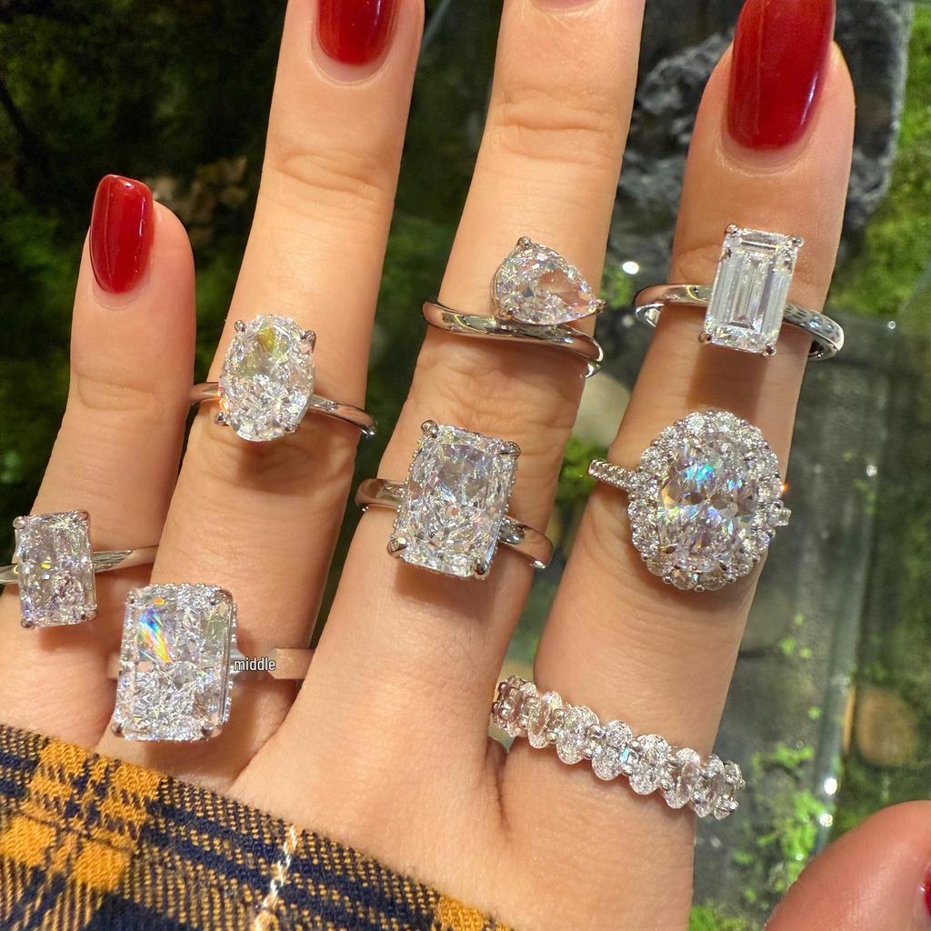 High Carbon Diamond S925 Sterling Silver Zircon Ring for Women - Super Shiny, Square Oval Design, High Quality