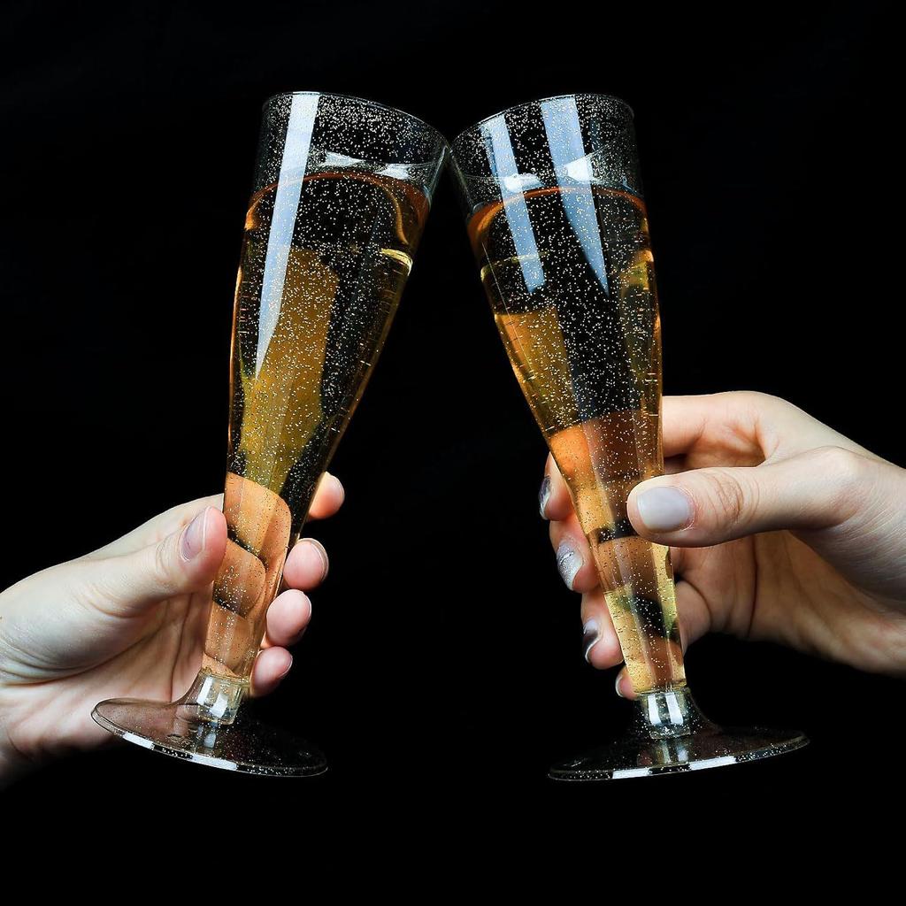 4.5 Oz Gold Glitter Disposable Champagne Flute - High-Stem Plastic Red Wine or Cocktail Glass