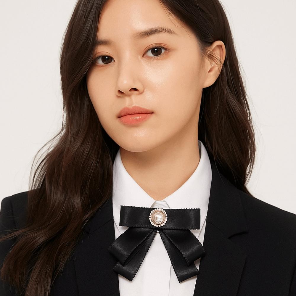 Pearl Black Bow Necktie Solid Color Ribbon Badge Brooch Sweet Funerals Memorial Pin  Shirts
