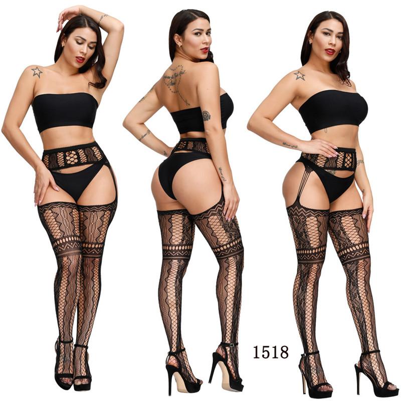 Sexy High-Waist Fishnet Stockings with Garter Belt Transparent Crotchless Pantyhose Plus Size Women's Lingerie