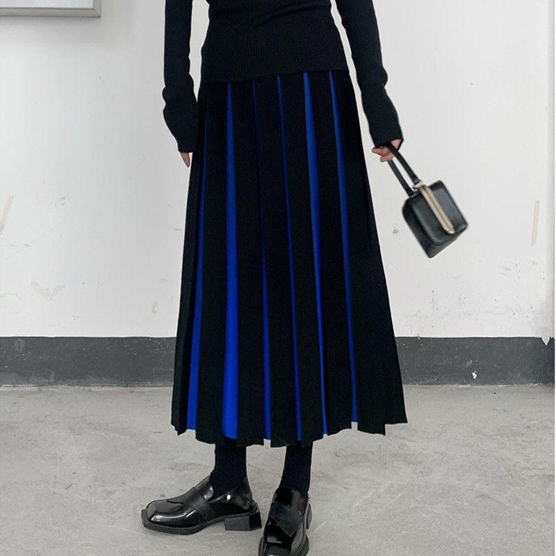 Hochtaillierter plissierter Strick-Halbrock Herbst Winter Garn Farbblockiert Midilänge A-Linien-Rock, Halbrock Damenrock