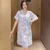 Smudged Ice Silk Pajamas Summer Thin Cardigan Short-Sleeved Medium And Long Pajamas Can Be Worn Outside Loungewear