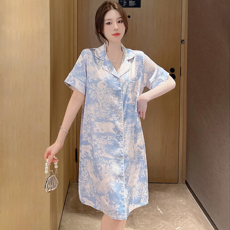 Smudged Ice Silk Pajamas Summer Thin Cardigan Short-Sleeved Medium And Long Pajamas Can Be Worn Outside Loungewear