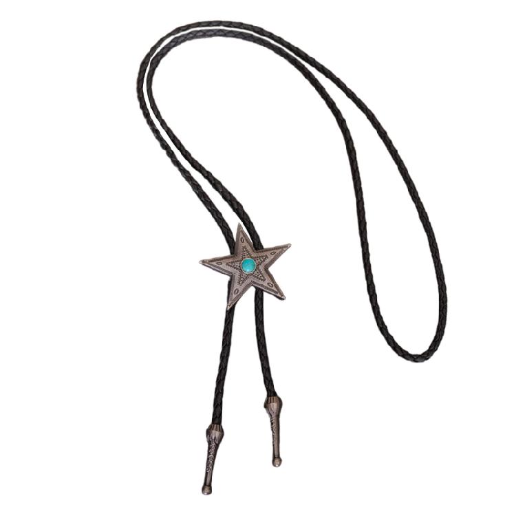 Classical Braided Leather Cord Bolo Tie with Metal Star Turquoises Pendant Western Vintage Necktie Shirt Collar Necklace