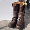 Retro Black Medium Tube Knight Short Boots Women's Spring and Summer New Soft Leather Thick Heel Belt Buckle Locomotive Boots