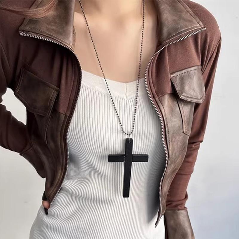 Halloween Jewelry Men & Women Gothic Vintage Dark Fashion Funny Whimsical Wooden Cross Pendant Necklace for Sweater