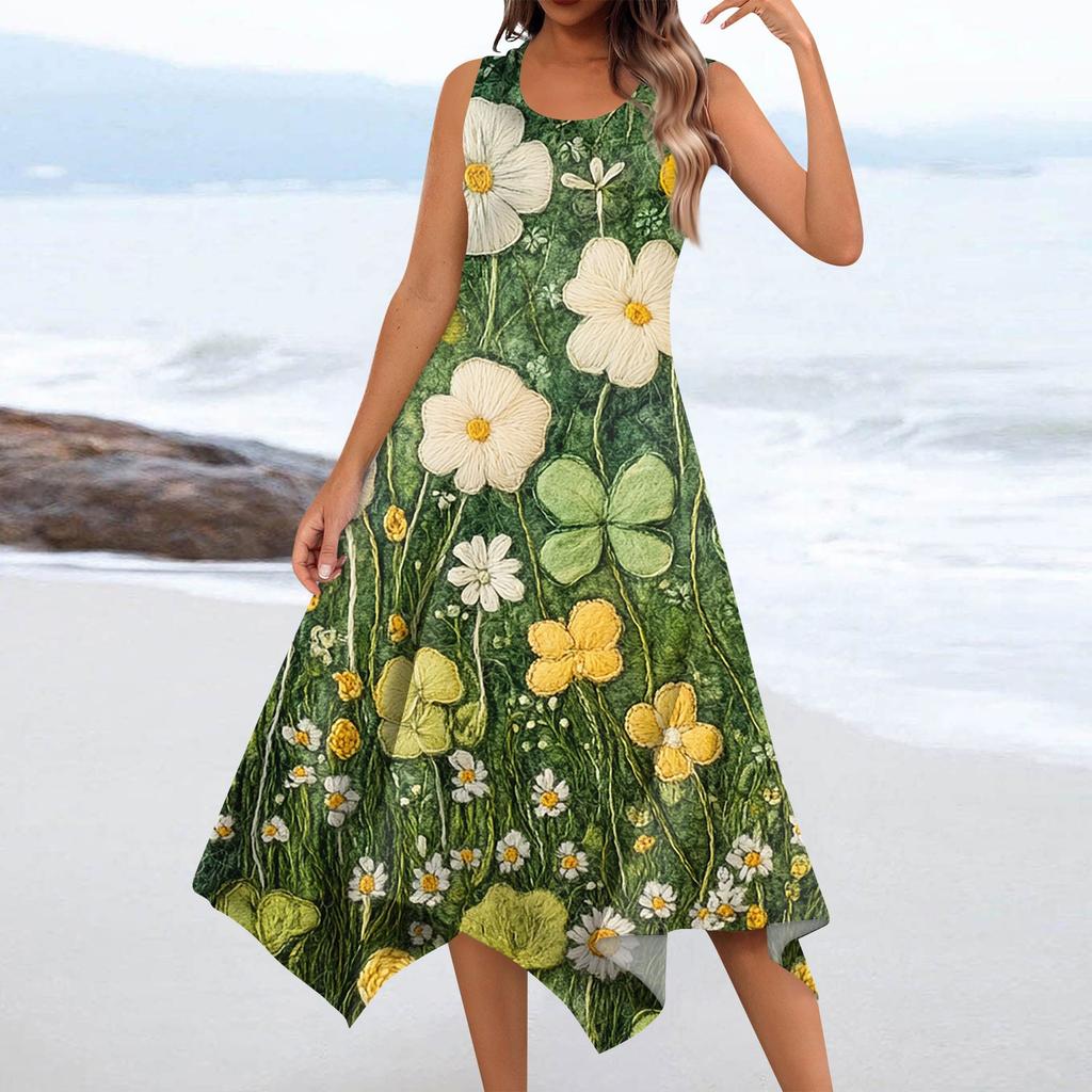 Lässiges, modisches Damen-Midikleid mit Rundhalsausschnitt, ärmellos, Blumendruck, unregelmäßiger Saum