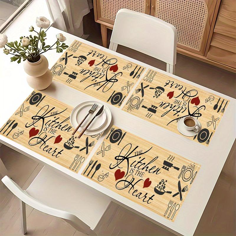 [Kitchen Decor Table Mat] 4pcs, Kitchen Decor And Accessories, Linen Table Fabric, Love Wood Kitchen Pattern Printed Table Mat, Perfect