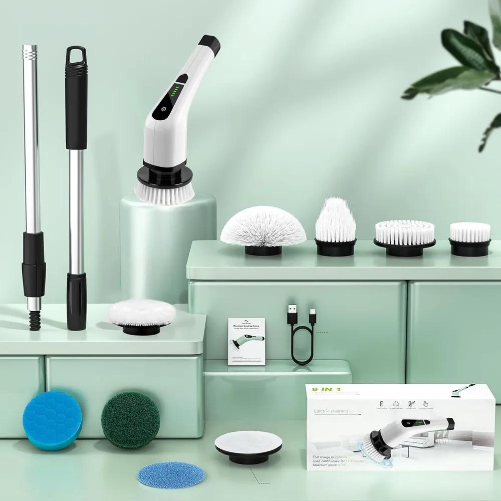 Electric cleaning brush with 9 attachments, for cleaning different floors, cleaning tools with a long handle and a telescopic rod