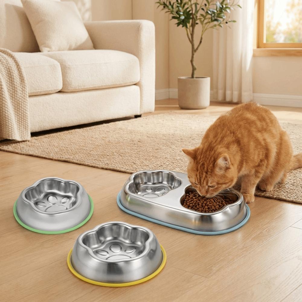 Single/Double Bowl Stainless Steel Cat Bowl Non Slip with Silicone Mat Pet Water Feeder Large Capacity Pet Drinking Bowl