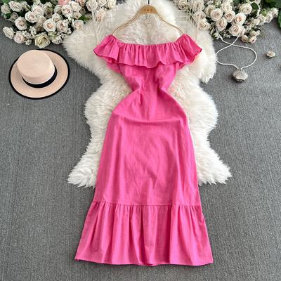 Women's Dress with A Spring Style One-shoulder Ruffled Cinched Waist and Slimming