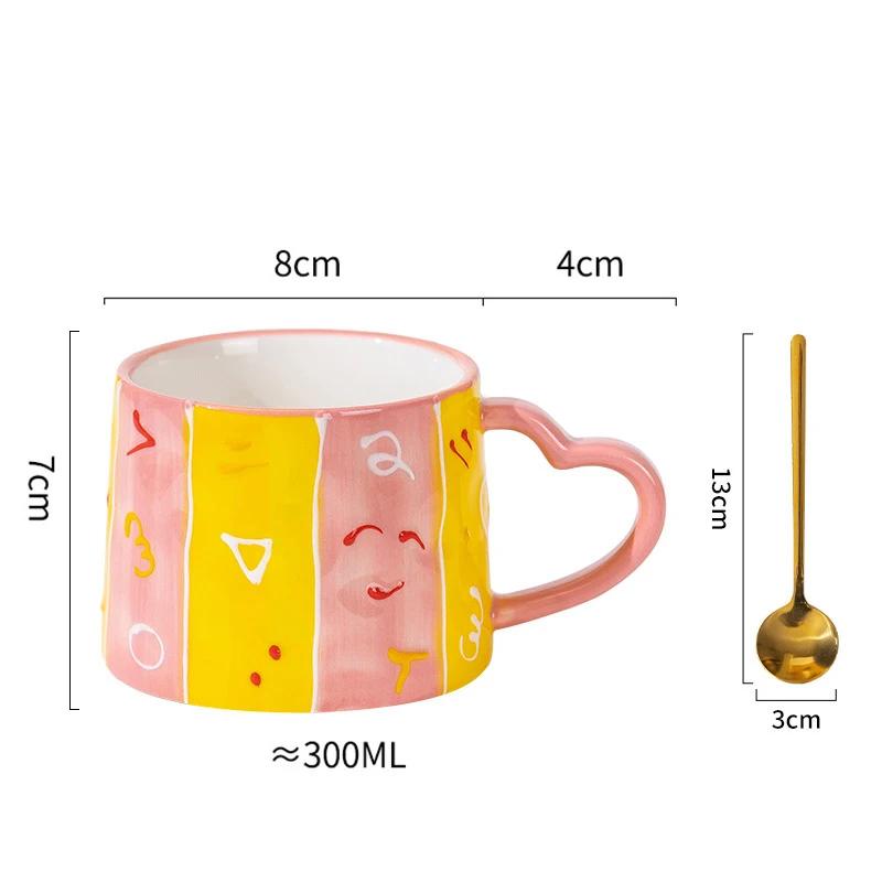 

300 мл симпатичная стильная керамическая кружка с ложкой, расписанная вручную, с изображением сердца, креативная кофейная чашка для завтрака, молока, чая, кружка для девочки, праздничный подарок 301-400ml
