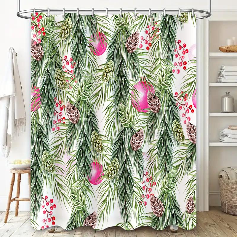 Greenery Bathroom Shower Curtain Set Featuring Pine Cones Poinsettias Christmas Home Decor In White with Red Accents (40 X 72)