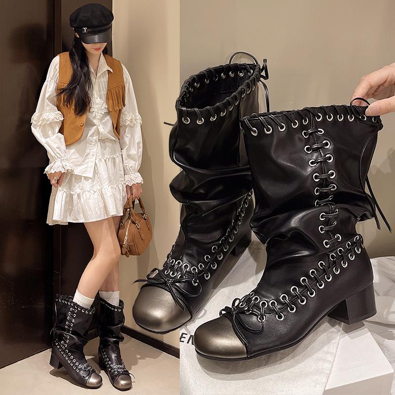 Fashion 2025Square Toe Lace-Up Bow Pleated Fashion Boots Vintage Block Heel Mid-Leg Boots for Women
