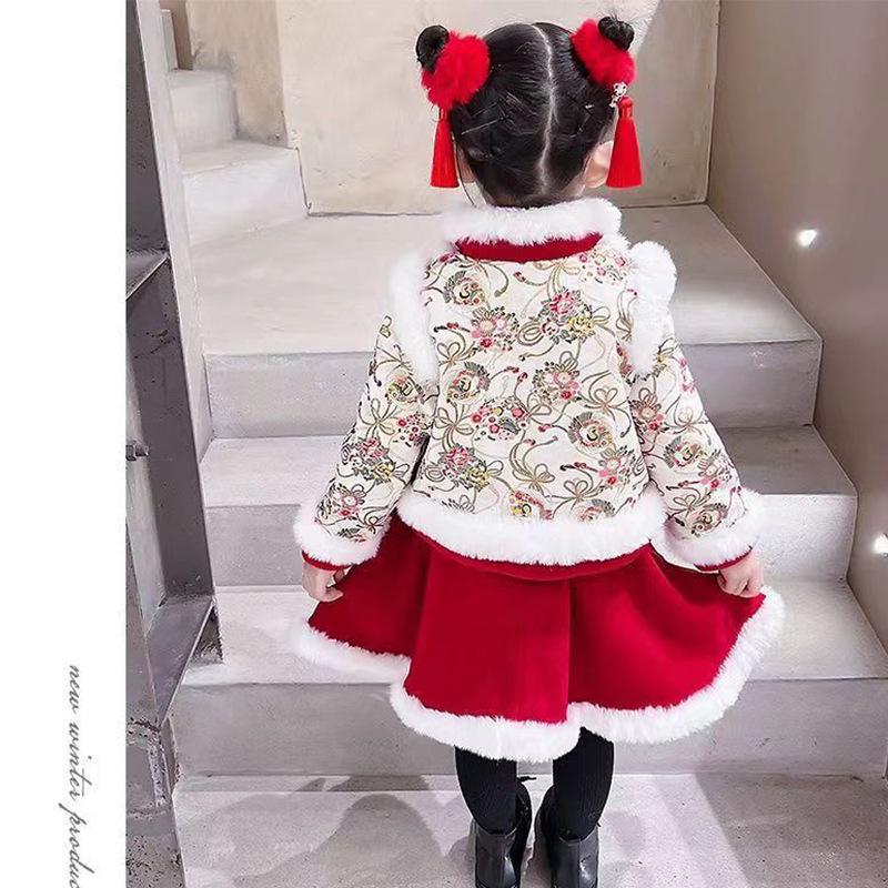 Girls' Winter Fleece-Lined Hanfu Skirt Set - Children's Chinese Tang Style New Year Costume