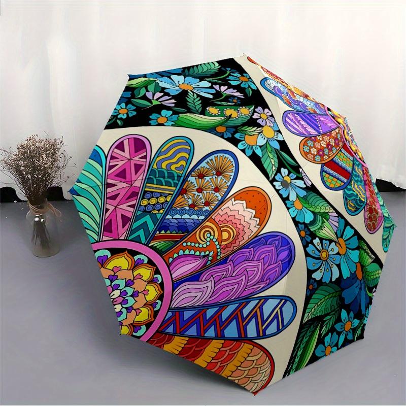 1pc Floral Mandala Folding Umbrella With Excellent UV Protection, 8 Ribs Casual Durable Lightweight Portable Travelling Umbrella For Men & W