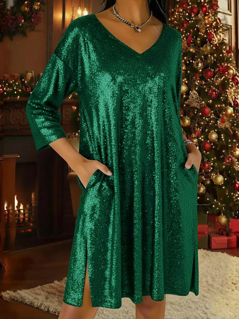 2026 Island V-Neck Slit Dress: European & American Style, Three-Quarter Sleeve, Hot Stamping