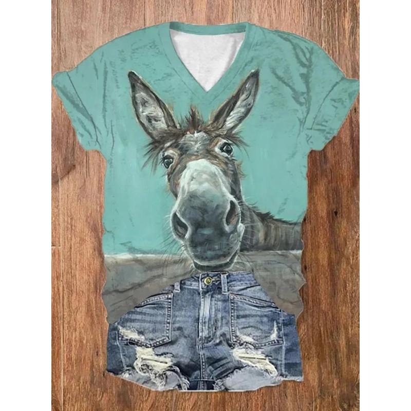 Summer V-neck 3D Printed Top Fashionable Casual Short Sleeved Women's T-shirts