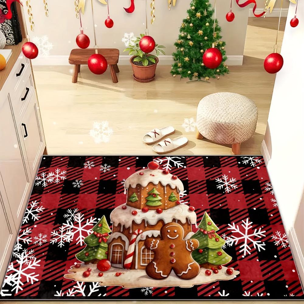 Christmas Gingerbread Man Carpet Mat Rug Plaid Design Home Decoration with Candy Cane Gift Box Pattern for Holiday Party