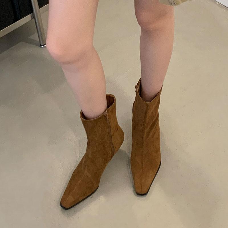 Mode Mode Niedriger Absatz Schuhe Flock Damen Knöchel Modern Stiefel Mit Schuhen Spitze Zehenpartie Damen Kurze Stiefeletten Reißverschlüsse Schuhe Damen Pumps