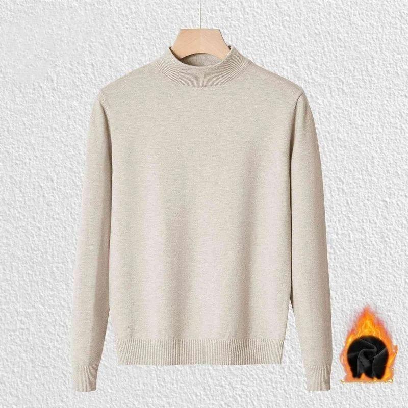 Half-turtleneck Sweater Men in Autumn Winter Plus Velvet Warmth Mid-collar Knitted Bottoming T-shirt