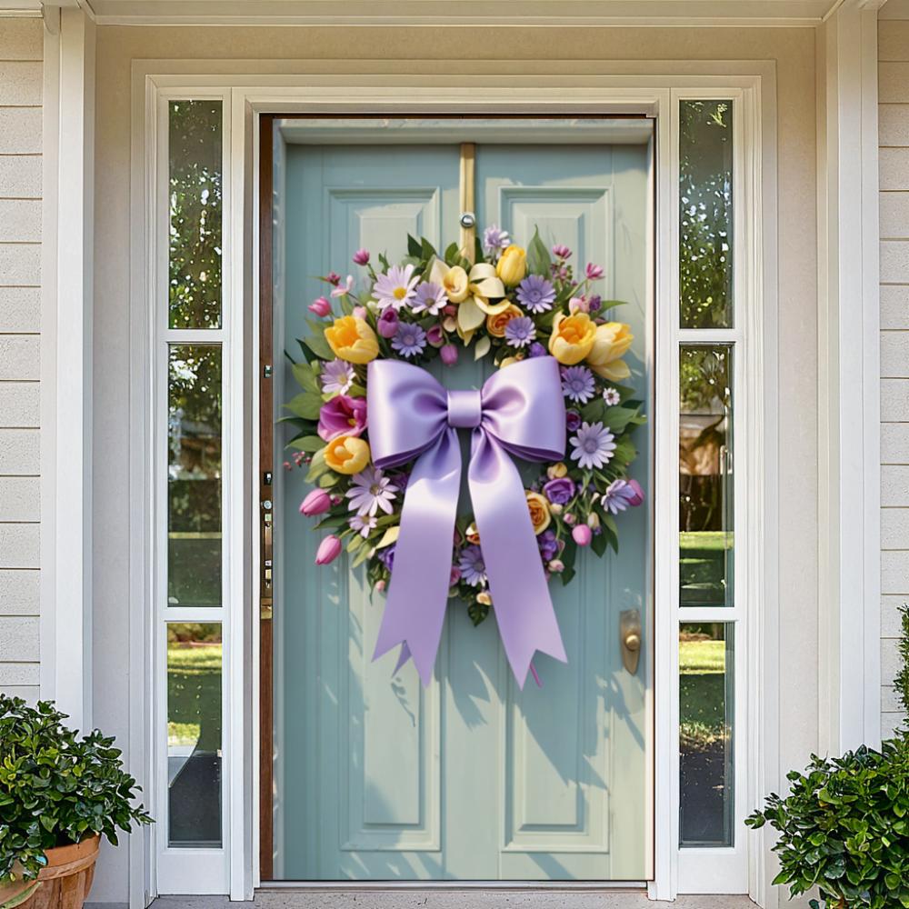 Spring Bow Wreath Door Cover Floral Banner Ribbon Bow Door Lining Background 2025 New Home Party Decoration Pink Purple
