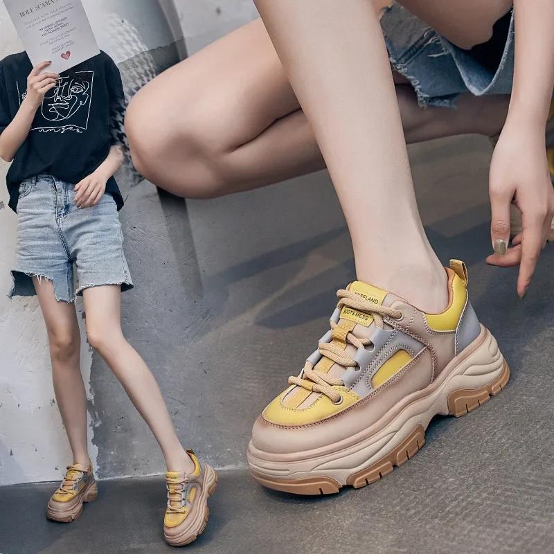 New Spring Autumn Shoes Women Fashion Sneakers Genuine Leather Shoes Height Increasing 5cm Flat Brand Ladies Casual DX304