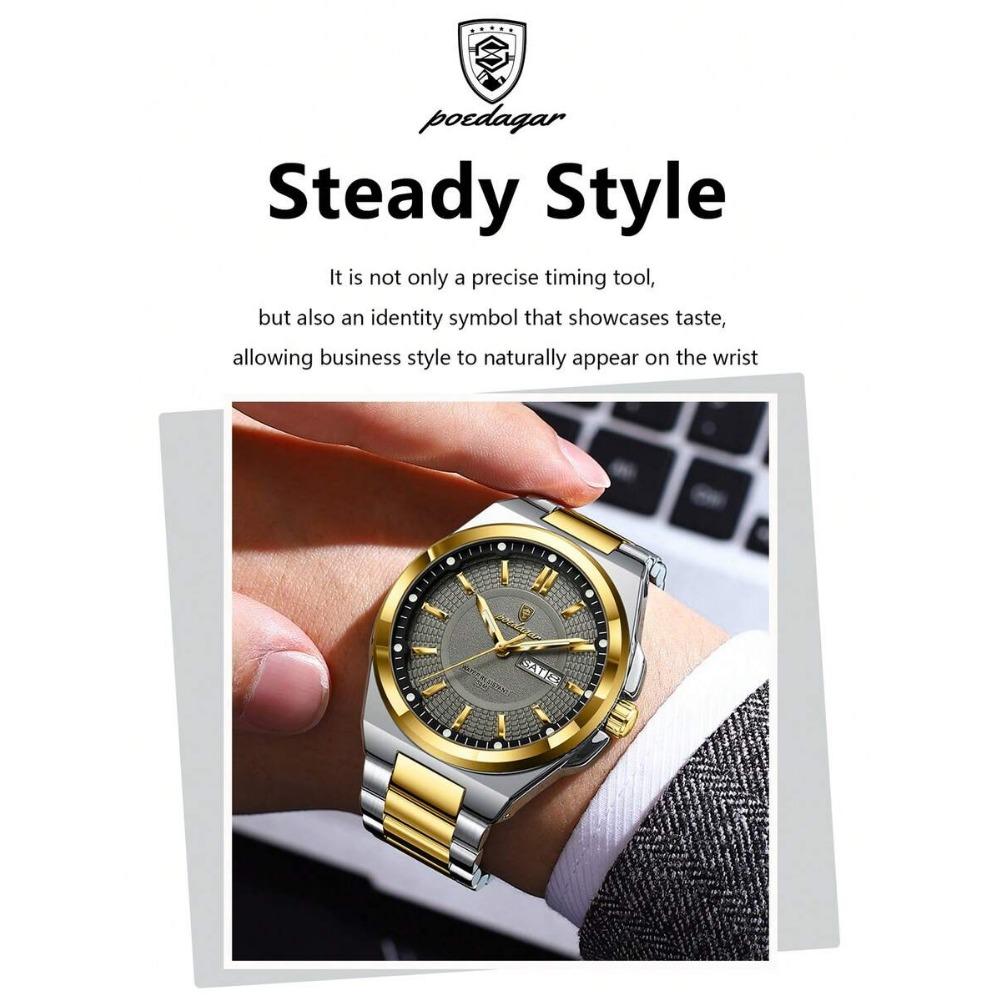 POEDAGAR 1 pz Orologio da Uomo al Quarzo Impermeabile Luminoso in Acciaio Inossidabile con Indicazione di Data e Giorno, Regalo da Uomo
