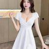 Women's Sexy Backless V-Neck Slimming A-Line Dress - Short-Sleeved, Low-Cut Skirt for Foot Massage Technicians