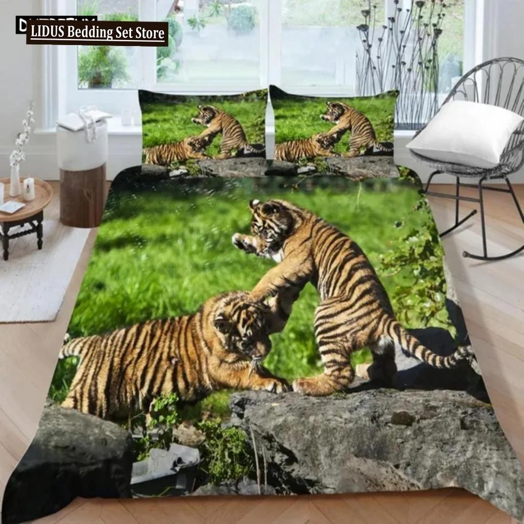 3D Animal Tigers Bedding Set 23PCS Soft Microfiber Queen King Twin Size Duvet Cover Set With Pillowcases Teens Boys Duvet Cover