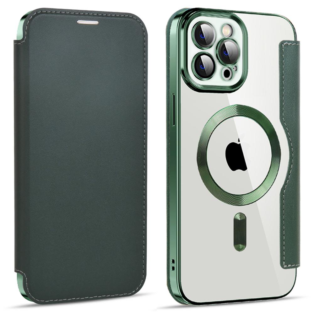 For iPhone 11 Pro Max 6.5 inch Compatible with MagSafe RFID Blocking Card Slots PU Leather+TPU Electroplating Clear Back Flip Case with Lens Film